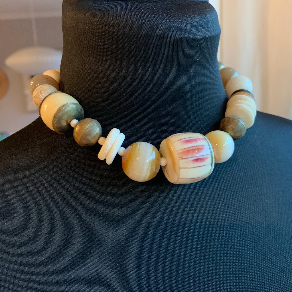 Vintage Signed Les Bernard Boho Natural Stone Shell Brass Bead Necklace 16.5